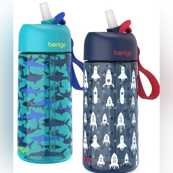 Bentgo Kids Water Bottle 2-Pack Leak-Proof BPA-Free 15oz Cup Straw Rockets - Picture 1 of 6